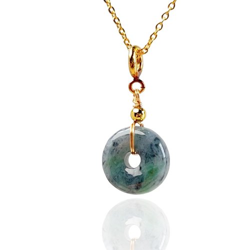 瓔珞珠寶盒 E.L.Jewelry Box 【願‧平安】烏雞飄綠翡翠平安扣項鍊14K包金|天然緬甸A貨|送禮