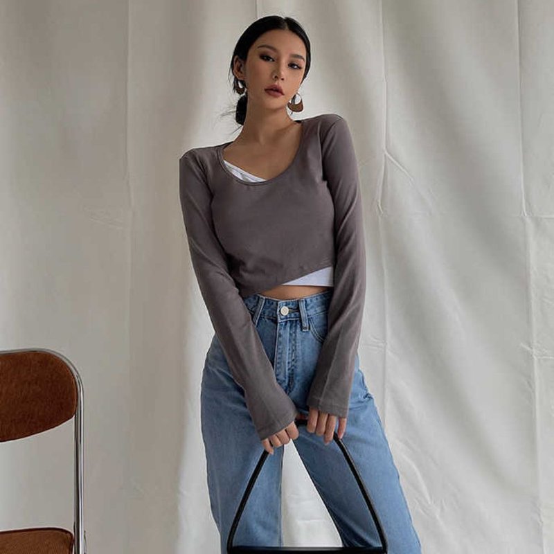 Grey Two Tone Long Sleeve Top - 女上衣/長袖上衣 - 聚酯纖維 灰色