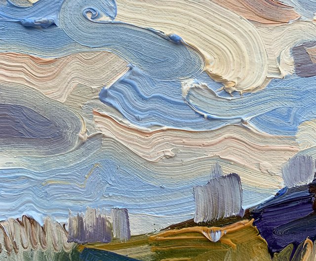 丘の上に広がる朝の空を描いたオリジナル油絵。キャンバスパネル