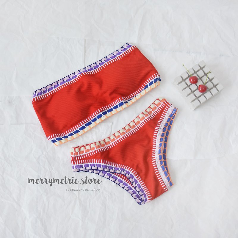 Crochet red bikini - ชุดว่ายน้ำผู้หญิง - ผ้าฝ้าย/ผ้าลินิน สีแดง