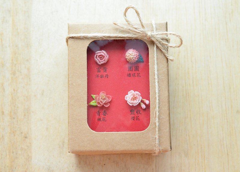 [New Year Gift Box] Pink Flower Four Brocade Sterling Silver Earrings/ Clip-On - ต่างหู - ดินเหนียว สึชมพู