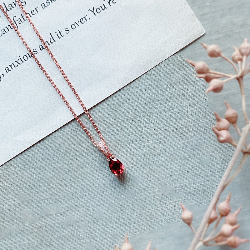 High Quality Red Stone Waterdrop 4x6mm Sterling Silver Rose Gold Necklace - January Birthstone - Necklaces - Rose Gold Blue