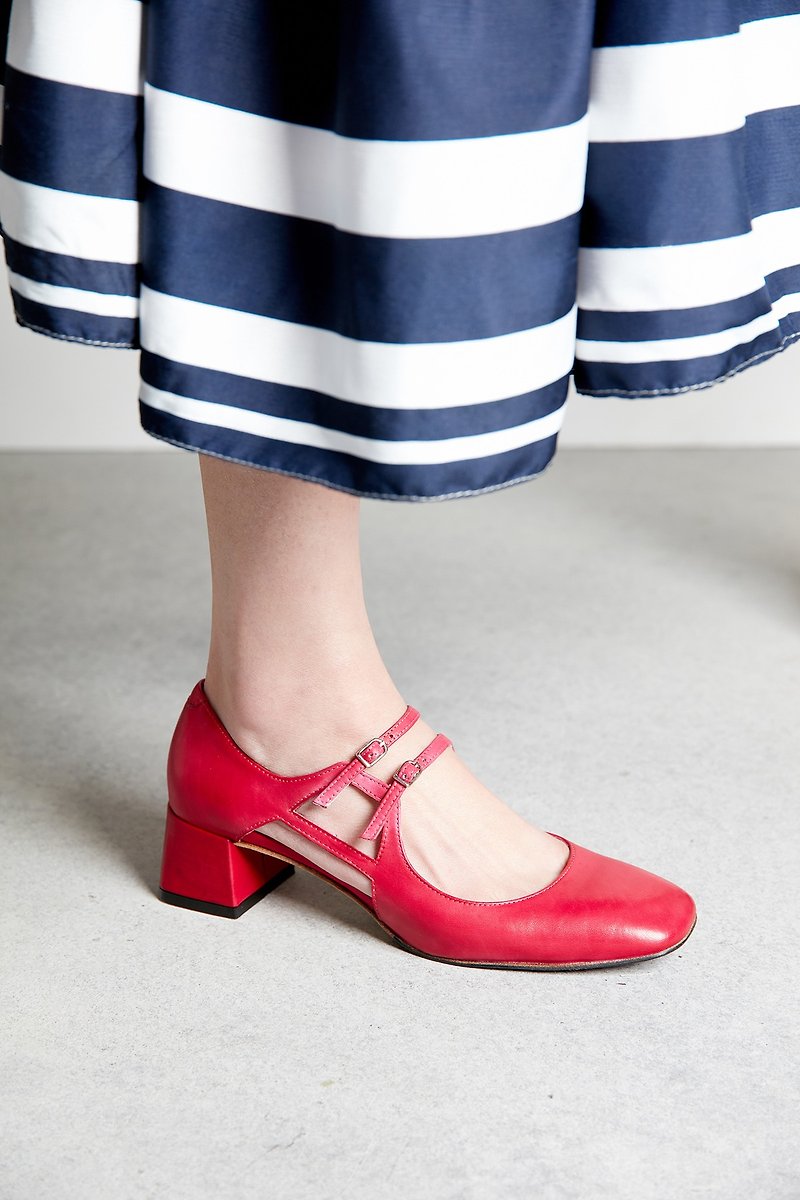 HTHREE 4.6 Square Head Mary Jane Heel Shoes / Rose Peach / Thick Heel / Mary Jane Heels - รองเท้าส้นสูง - หนังแท้ สีแดง