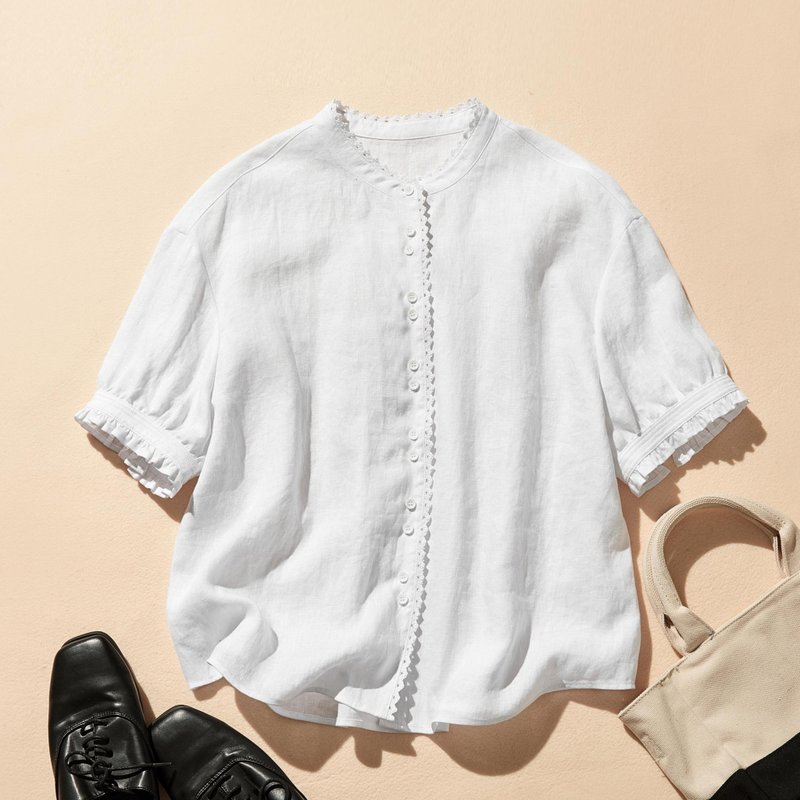 上品な着こなしに  リネン100% バンドカラーシャツ リネンブラウス 半袖シャツ　ホワイト　250509-1 - 女襯衫 - 棉．麻 