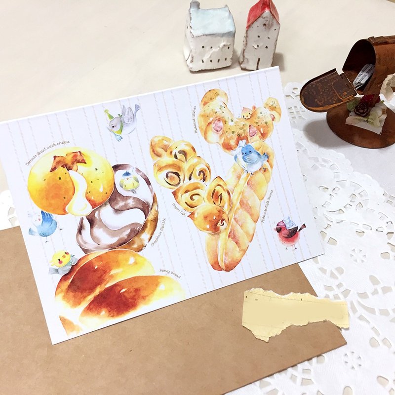 水彩心意摺卡 / 賀卡【小鳥元氣麵包店】 - 卡片/明信片 - 紙 多色
