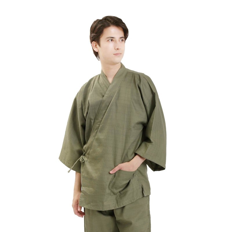 日本 和服 男性用 作務衣 套裝 日式 休閒 室內服 甚平 睡衣 - 女上衣/長袖上衣 - 其他材質 綠色