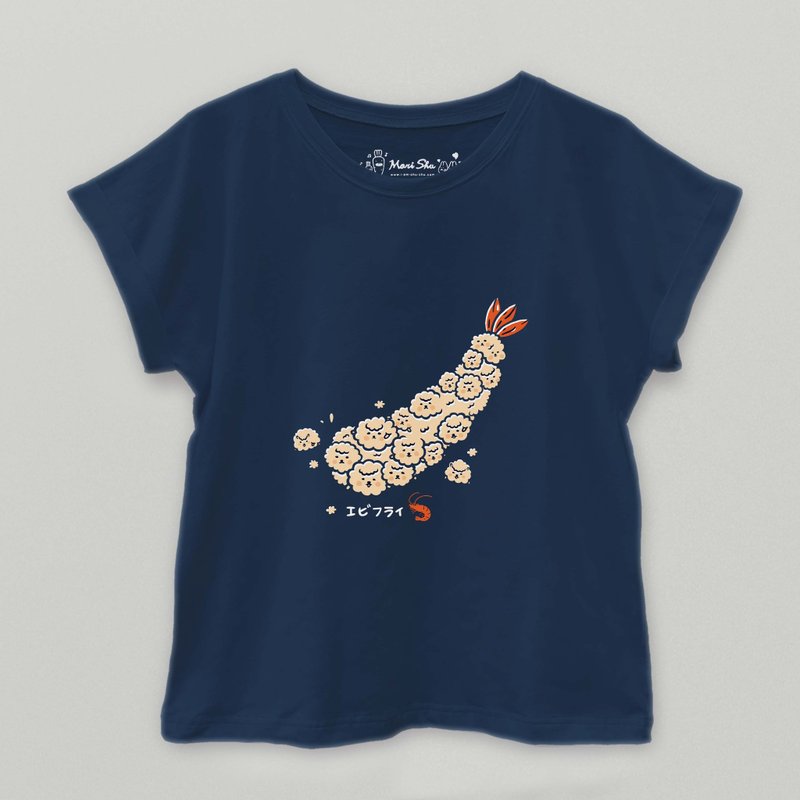 Bubble Sheep Fried Shrimp T-shirt - เสื้อผู้หญิง - ผ้าฝ้าย/ผ้าลินิน สีน้ำเงิน