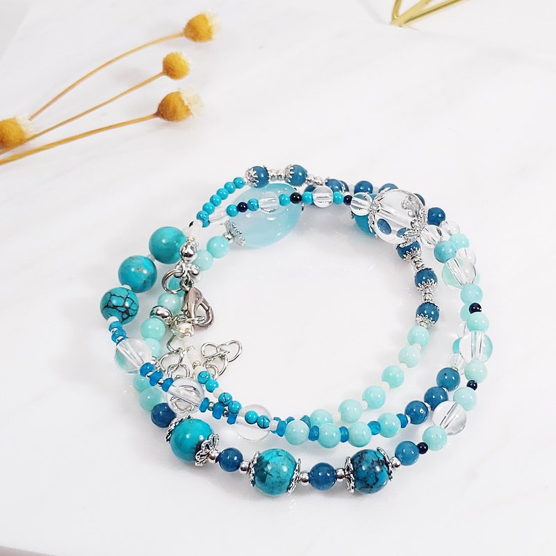 Natural Turquoise Blue Jade Gemstone Spiritual Energy 3 Ring Bracelet Necklace 2 Limited Edition 2 pieces - Bracelets - Gemstone Blue