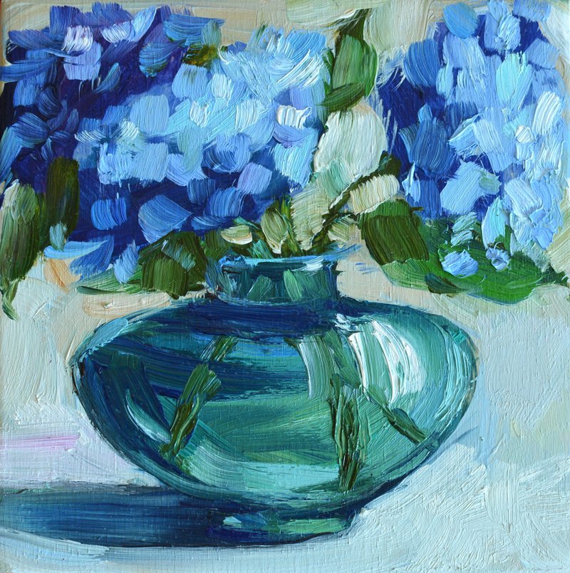 Blue Hydrangea Original Oil Painting 13x13cm Flowers Still Life Hortensia - Illustration, Painting & Calligraphy - Other Materials Blue