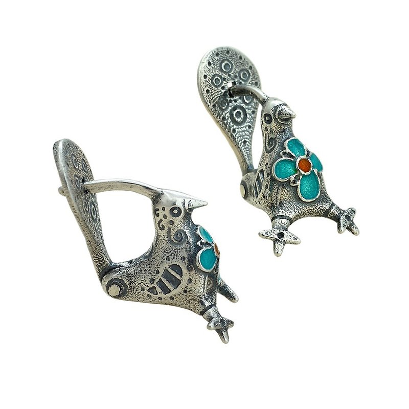 Silver Enamel Birdie Earrings  / Ethnic Earrings / Colourful Enamel Jewelry/純銀耳環 - ต่างหู - เงินแท้ หลากหลายสี