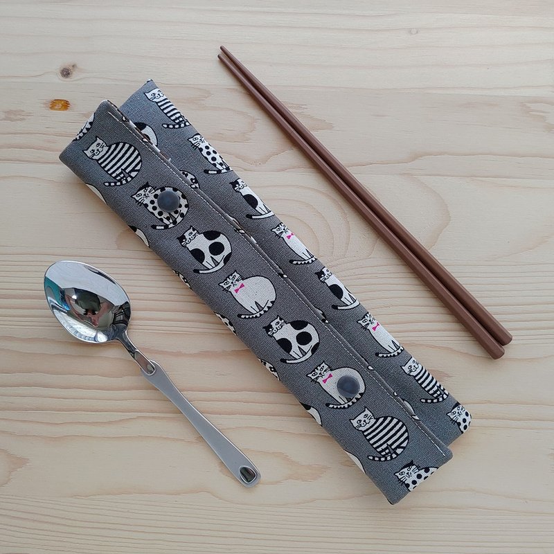 酷貓咪 橫式筷袋餐具組/三件組 - 筷子/筷架 - 棉．麻 灰色