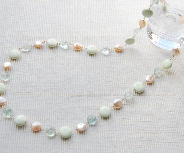 Lemon chrysoprase and green florite spring necklace 14kgf - 設計館