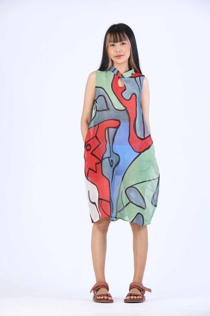 Short Dress Cotton Voile Chinese StyleHand Paint For Summer - 洋裝/連身裙 - 棉．麻 綠色