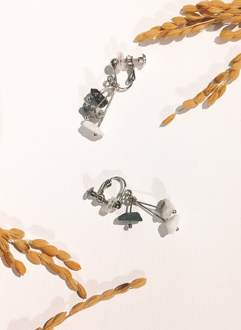 石穗-穀雨　天然大理石  獨家設計手作夾式耳環 - 耳環/耳夾 - 石頭 灰色