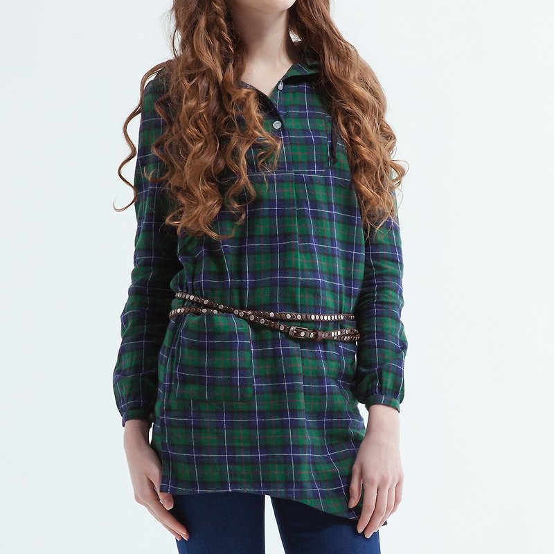Women&#x27;s Checkered Shirt Dress With Detachable Hood,Flannel Shirt - Green
