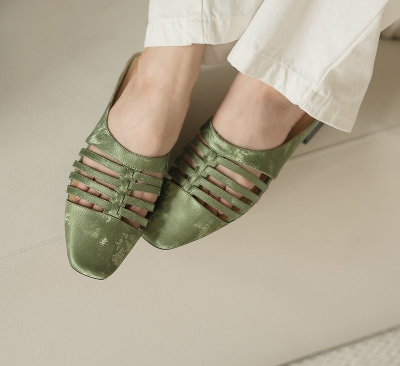 Thin Line Basket - Square Toe Slippers - Green - รองเท้าแตะ - หนังแท้ สีเขียว