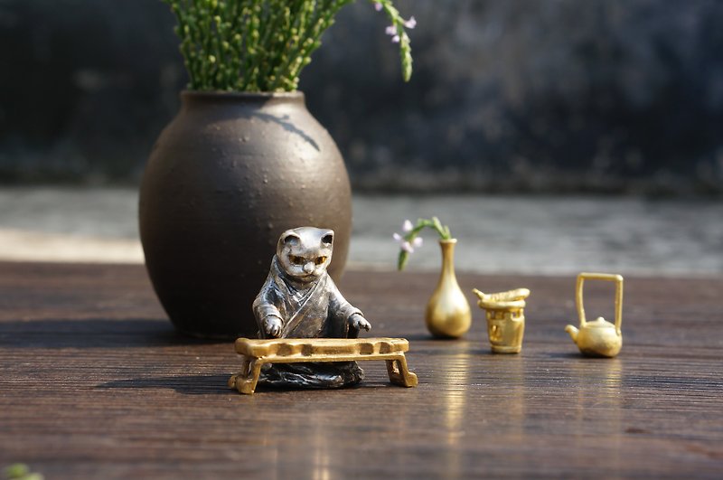 手工純銀彈琴貓茶寵工藝品擺件 - 擺飾/家飾品 - 貴金屬 銀色