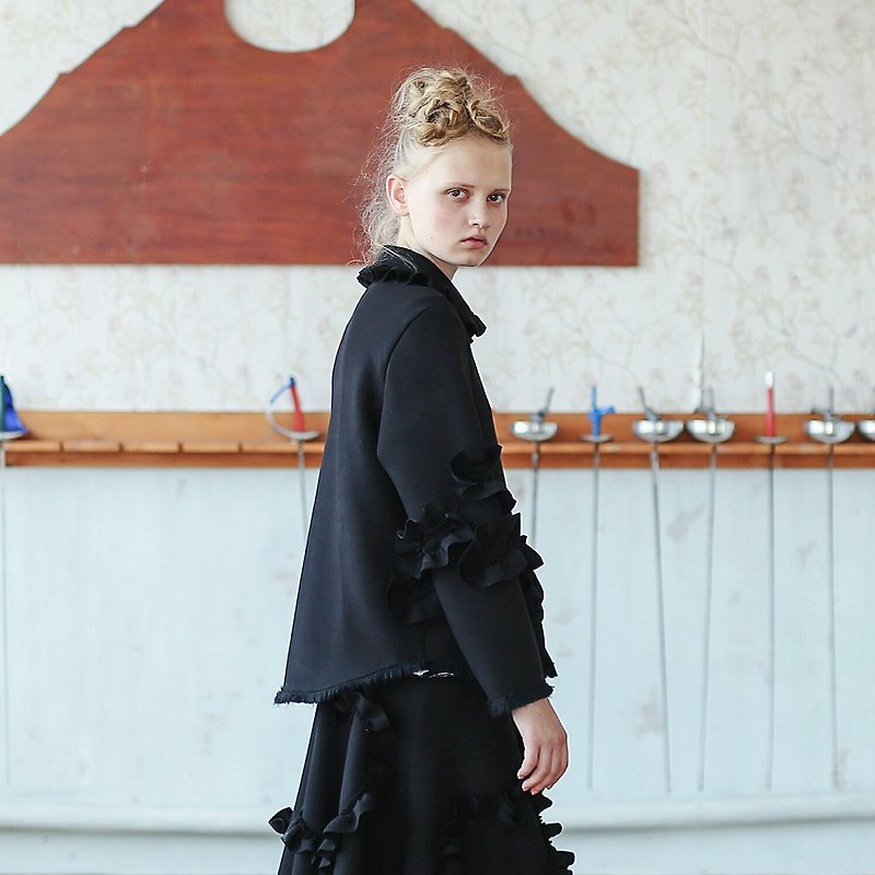 Air cotton doll collar lace black coat - imakokoni - เสื้อแจ็คเก็ต - ผ้าฝ้าย/ผ้าลินิน สีดำ