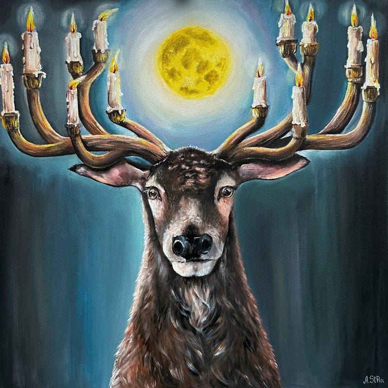 Reindeer original painting on canvas, Large painting, Deer wall art, Forest art - 壁貼/牆壁裝飾 - 棉．麻 多色