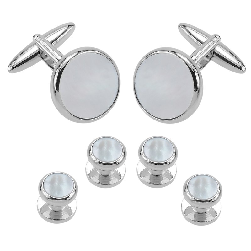 White Mother of Pearl Cufflinks and Studs Set - Cuff Links - Other Metals Silver