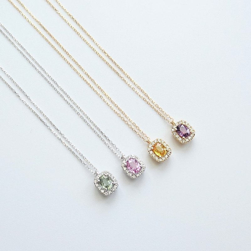 Natural Fancy Sapphire Oval Cut Halo Diamonds 18K Solid Gold Dainty Necklace - สร้อยคอ - เครื่องเพชรพลอย หลากหลายสี