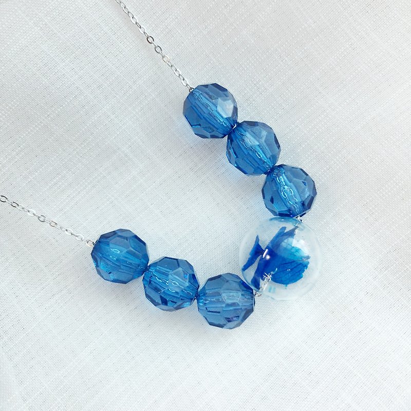 Blue Glass Ball Beans Necklace Birthday Gift Wedding BFF - สร้อยคอ - พลาสติก สีน้ำเงิน