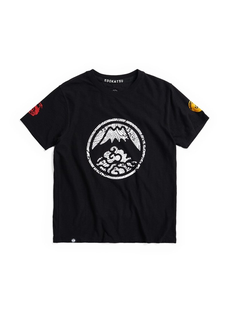 Edo Katsuri Mt. Fuji Sea Wave Flocking LOGO Short Sleeve T-Shirt - Men's (Black) #衣 - เสื้อยืดผู้ชาย - ผ้าฝ้าย/ผ้าลินิน สีดำ