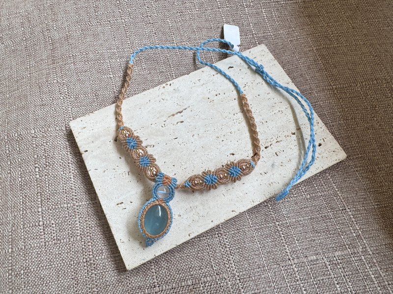 231201 Macrame aquamarine braided necklace - Necklaces - Semi-Precious Stones Blue