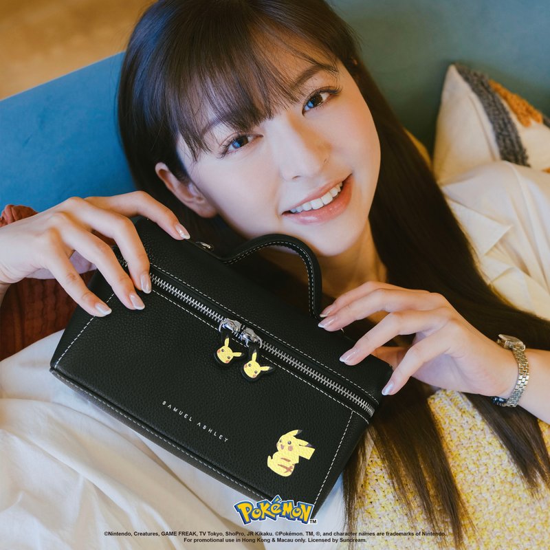 【寶可夢特別版系列】Pokémon皮革斜挎化妝包 - 黑色 皮卡丘 - 側背包/斜背包 - 真皮 黑色