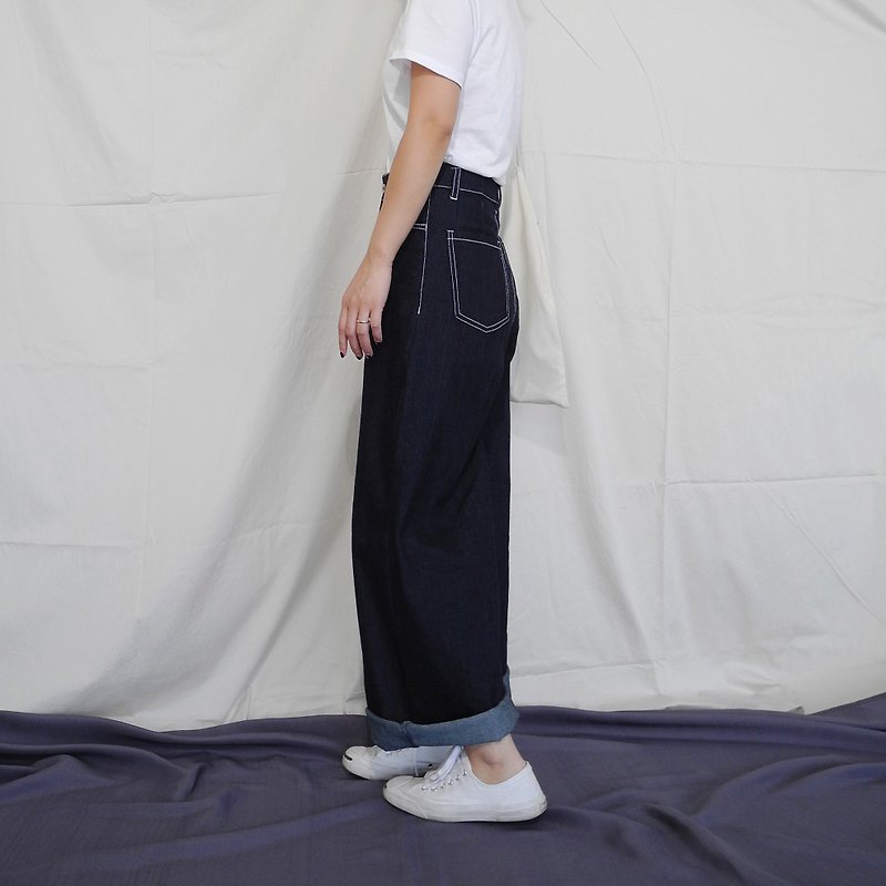 Denim high waist wide pants loose denim trousers dark indigo - Women's Pants - Cotton & Hemp Blue