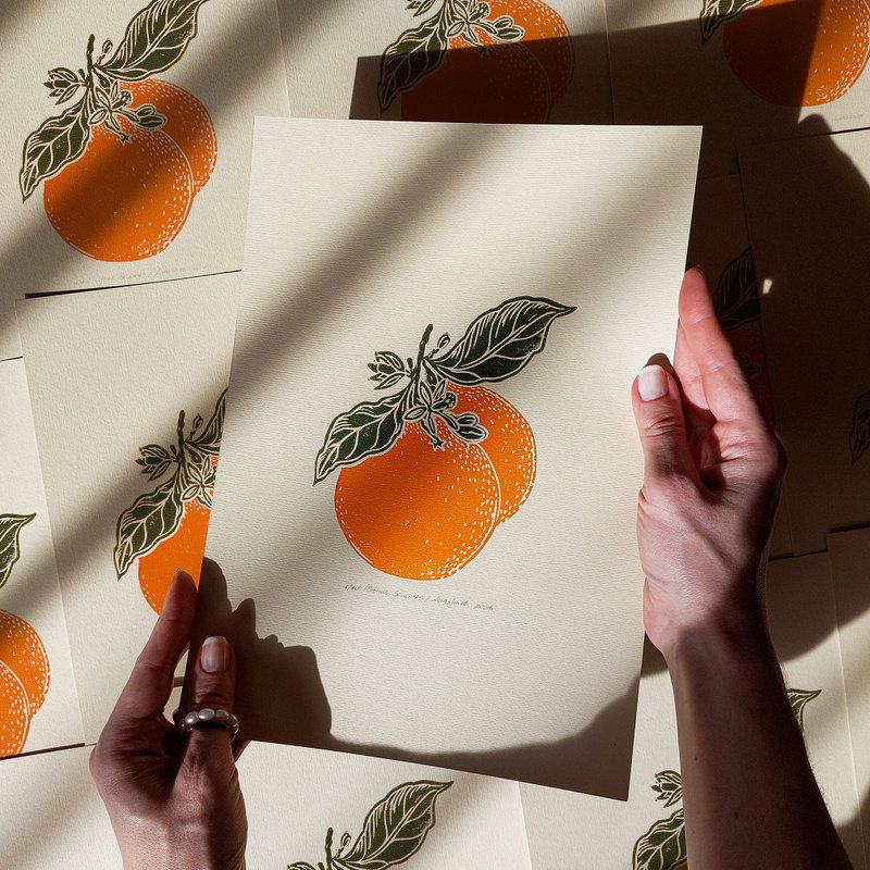 Vintage oranges fruits linocut print Wall art decor Rustic original artwork - 壁貼/牆壁裝飾 - 紙 綠色