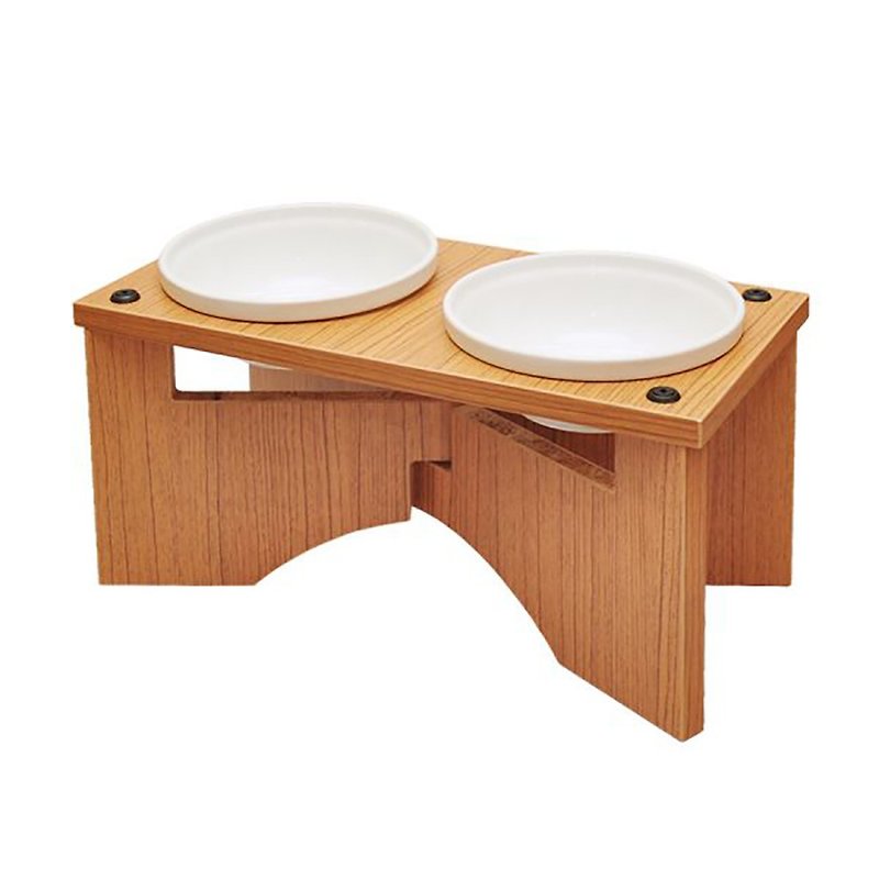 [MOMOCAT] X-shaped dog dining table with double mouth height 20cm with No. 2 porcelain bowl - three wood colors