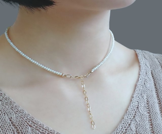 Dainty Freshwater Pearl 14Kgf Choker Twinkle Oval Chain Lariat Y