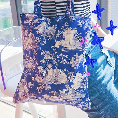 M&V Fashion Olivia Tote法式包包 純棉 藍色 手提袋 大容量 日常休閒氣質