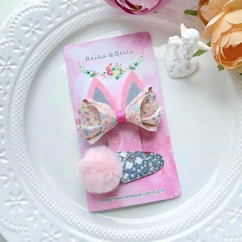 Cute rabbit ear ball liberty flower cloth drop clip child girl hairpin two-piece - Hair Accessories - Other Materials Pink