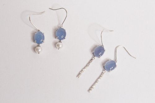 Mojito Silver 藍色小品 純銀手工耳環 可改夾 藍玉髓 珍珠 流蘇