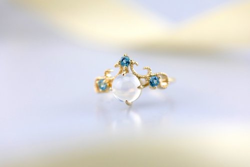 Purplemay Jewellery 【復古系列】18K黃金復古月亮石託帕石戒指 天然彩寶戒指 R049