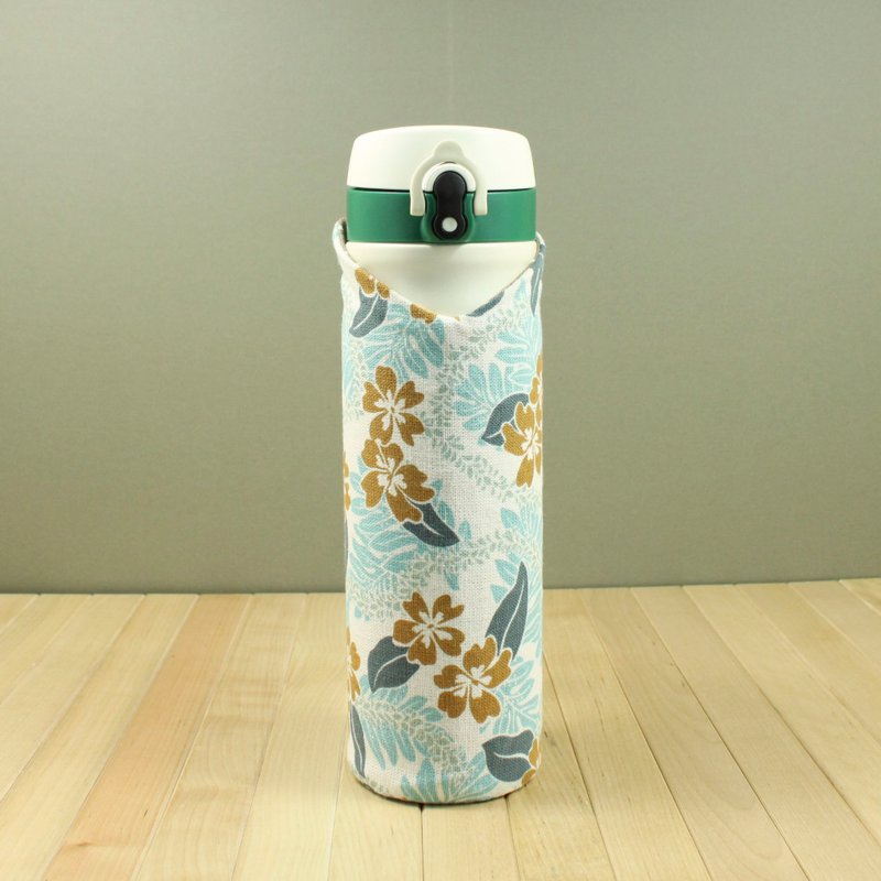 a'doubao-隨身瓶套 保溫瓶套 水壺套 - 水藍&扶桑花 - 飲料提袋/杯套 - 棉．麻 藍色