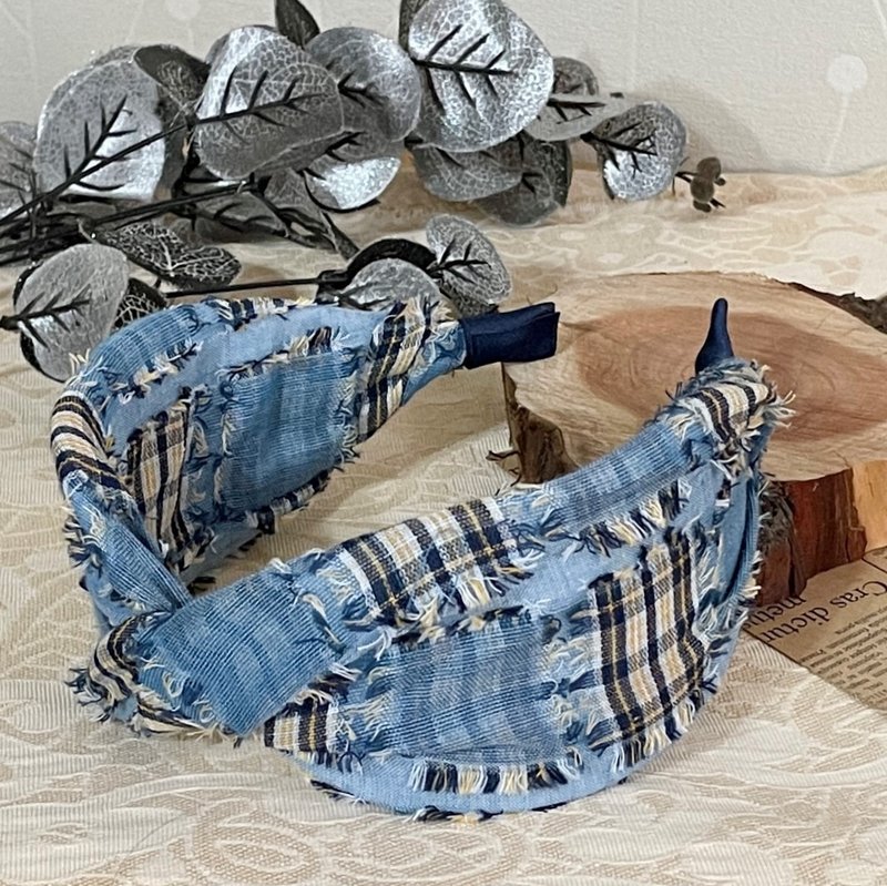 扭結髮箍/ 牛仔流蘇格紋拼布風寬版寬邊頭箍 髮帶式髮窟頭帶頭飾 - 髮夾/髮圈 - 其他材質 藍色