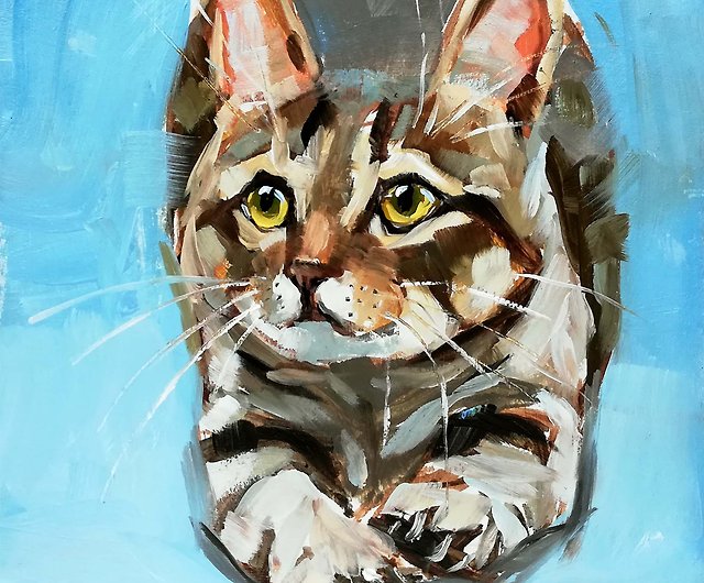 猫の絵ペットオリジナルアート油絵ぶち猫のアートワーク動物のミニアート