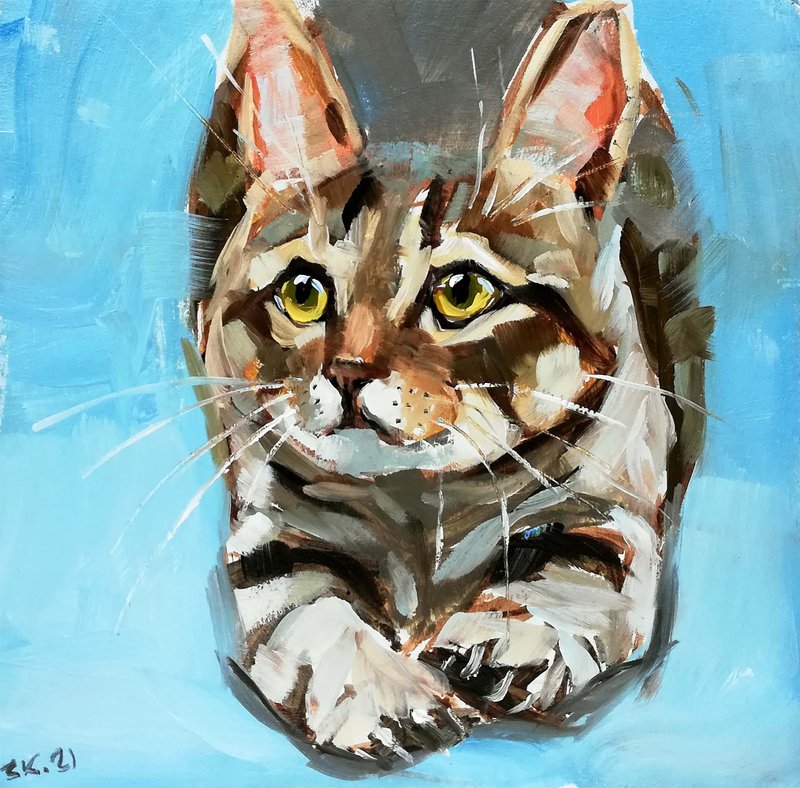 Cat Painting Pet Original Art Oil Painting Tabby Cat Artwork  Animal Mini Art - 海報/掛畫/掛布 - 其他材質 多色
