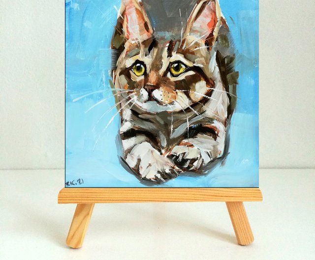 猫の絵ペットオリジナルアート油絵ぶち猫のアートワーク動物のミニ