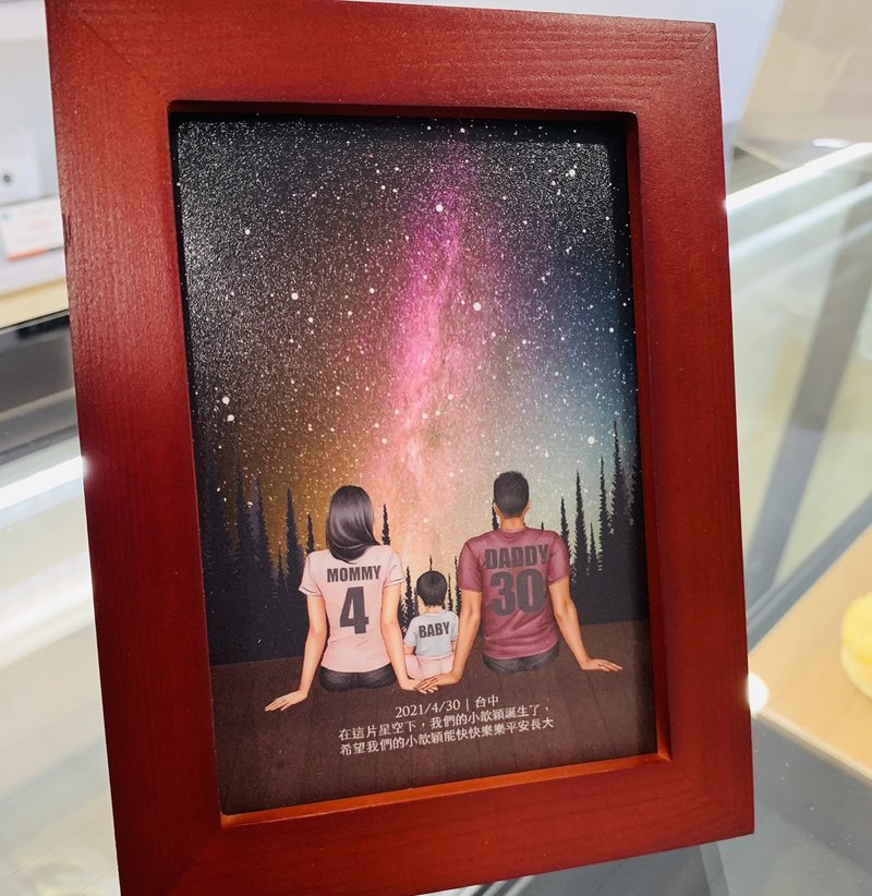 【客製化】Q版寶寶爸爸媽媽背影紀念生日當天的真實星空夜晚圖檔 - 其他 - 木頭 紅色