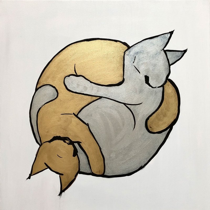 Cat Painting Animal Original Art Gold Artwork Yin And Yang Wall Art Minimalist - 海報/掛畫/掛布 - 其他材質 金色