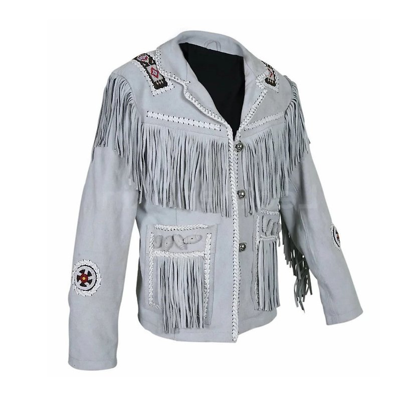 Native Western American Fringed Leather Coat - เสื้อโค้ทผู้ชาย - หนังแท้ ขาว