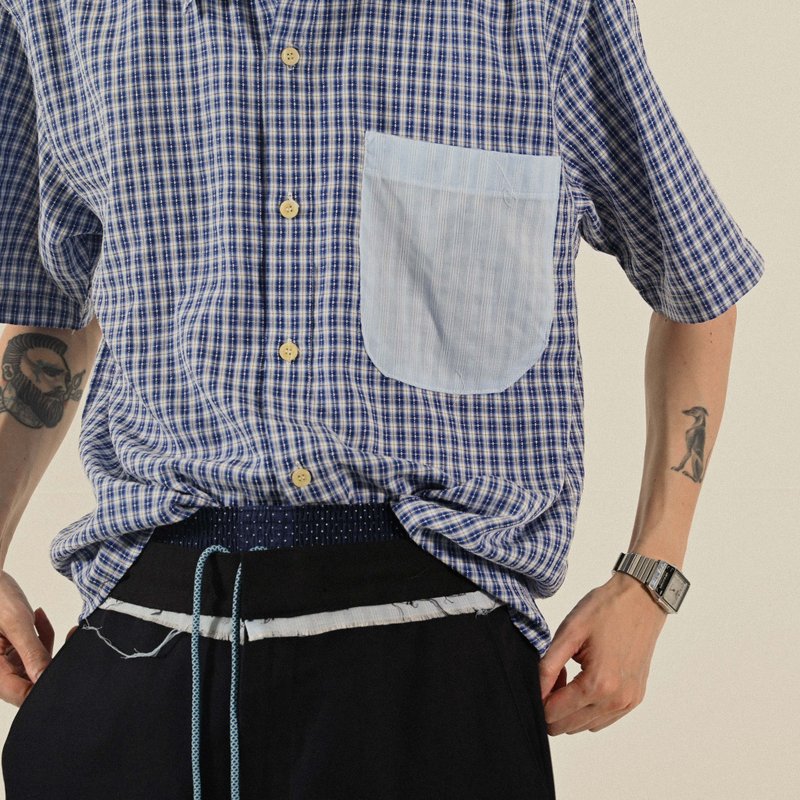 【NaSuBi Vintage】Upcycling拼色口袋短袖古著襯衫 - 男襯衫/休閒襯衫 - 其他人造纖維 藍色