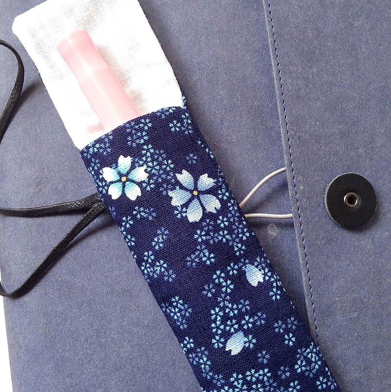 Fountain pen sleeve-Navy Sakura print, fabric Pen  holder - Pencil Cases - Cotton & Hemp Blue