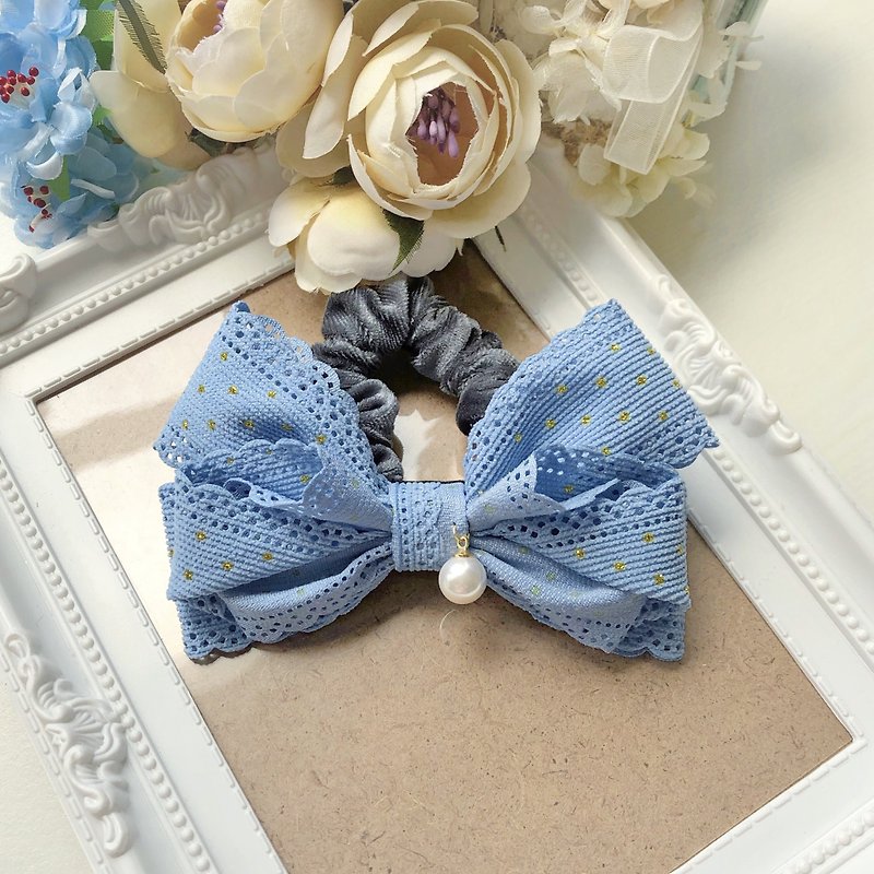 Temperament Lace Bow Hair Ring Scrunchie-Blue - Hair Accessories - Other Materials Blue