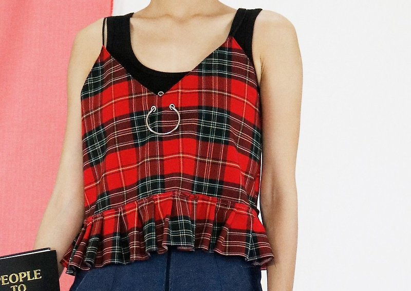 Paper Women's Vests Black - YML black and red checkered thin shoulder strap perforated vest