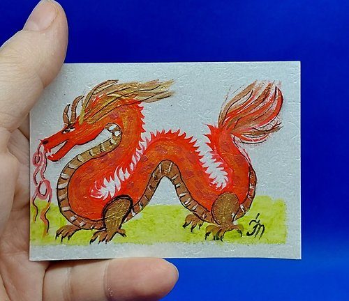 CosinessArt ACEO Golden Dragon #4 Original Collectible Postcard ACEO Zodiac ACEO well-being